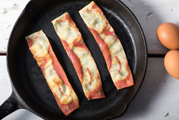 Skillet with Fake bacon soy alternative