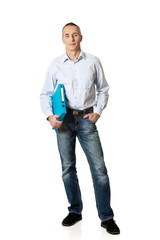 Handsome man holding blue binder