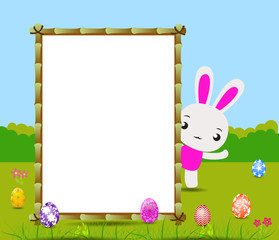 Happy Easter card with eggs and rabbits nearby wood board