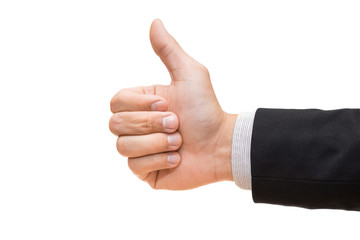 Businessman hand giving thumbs up isolated on white background
