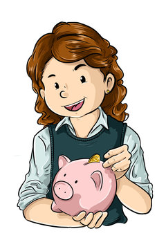 Ni&ntilde;a ahorrando monedas en alcancia