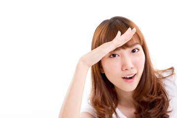 Naklejka premium woman looking, finding, searching at camera, studio shot