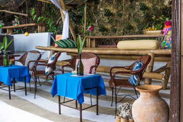 table setup in outdoor cafe, small restaurant in a hotel, summer