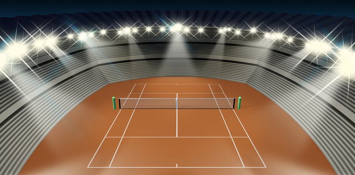Clay Tennis Court At Night