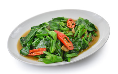 Thai food fried kale with crispy pork