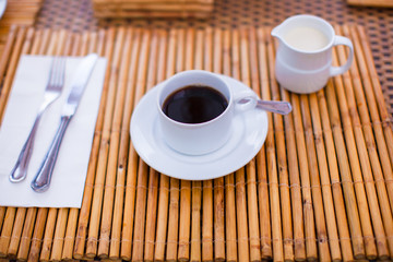 Delicious and tasty coffee with milk for breakfast at outdoor