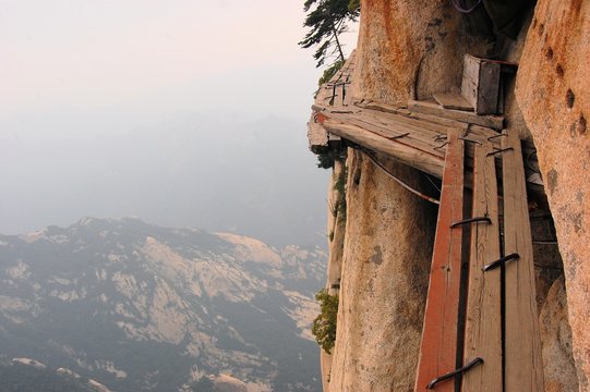 Dangerous walkway at top of holy Mount Hua Shan, China