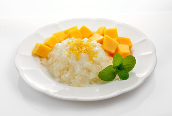 Mango and Sticky Rice on white background