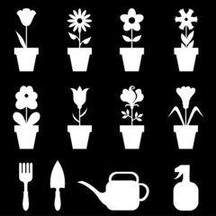 Pot flowers icons set on black background