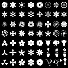 64 flowers icons set on black background