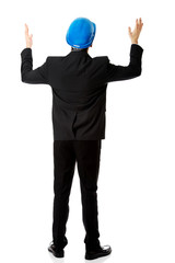 Businessman showing empty copyspace in hands.