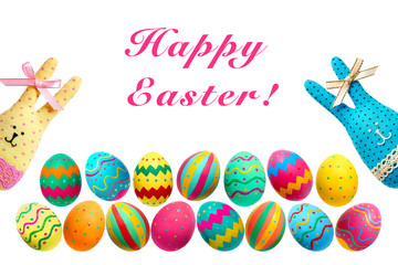 Easter Bunnies Handmade and painted Eggs on white background