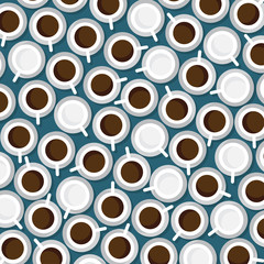 Many cups of coffee on blue tablecloth, top view