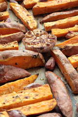 Sweet potato roasted chips just taken from the oven.