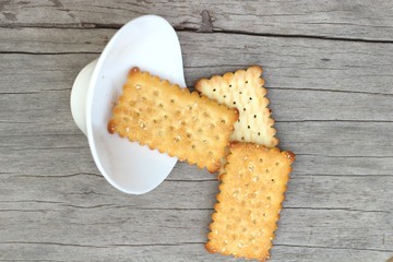 Tasty of crackers on wood table