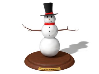 snowman figure on wooden platform