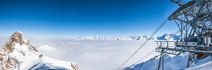 Panoramic view of mountains peaks at Meribel in French Alps.