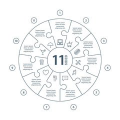 Clockwise numbered flat line puzzle chart with text and icon