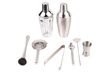 Cocktail shakers, strainer and jigger - Stock Image