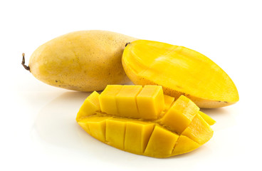Fresh ripe mangoes on white