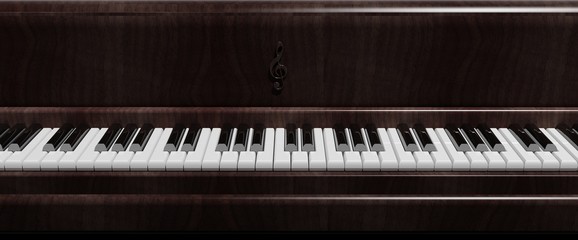 Dark brown piano keys front view, closeup background