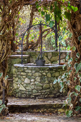 Old stone well with ivy frame