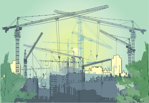 green illustration witj house buildings and cranes