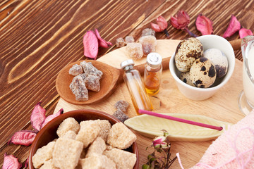 Composition of spa treatment on wooden background
