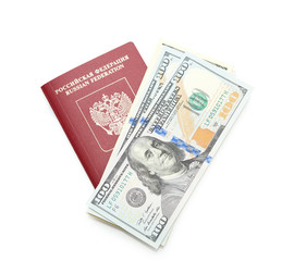 Naklejka na ściany i meble Russian passport with American dollars