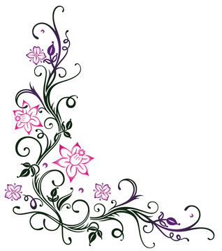 Ranke mit Blumen, Osterglocken, Narzissen. Lila, pink.