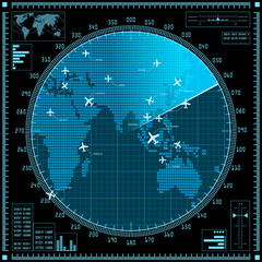 Blue radar screen with planes and world map