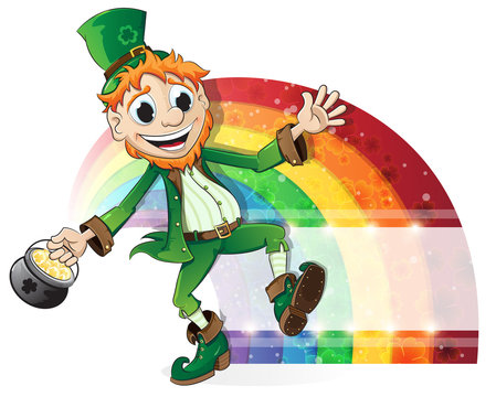 Leprechaun with a pot of gold and rainbow