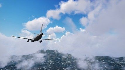 Fototapeta na wymiar Airliner flies through the clouds. Rear view