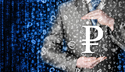 businessman protecting ruble  symbol