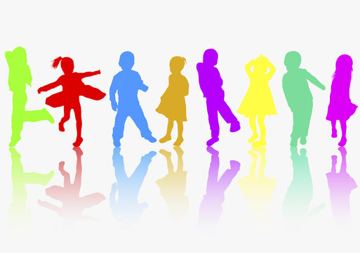 children silhouettes dancing together