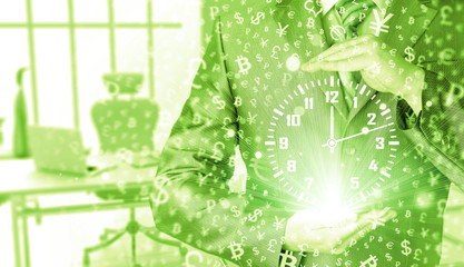 Image of businessman holding clock against illustration