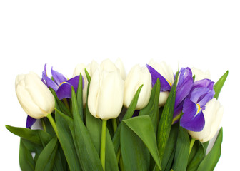 Spring tulips and iris flowers.