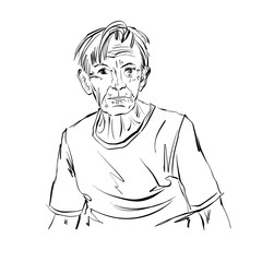 Hand drawn illustration of an old man on white background, black