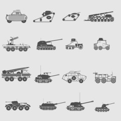 monochrome icon set with military equipment and artileriya