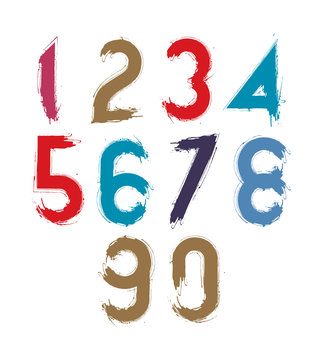 Calligraphic numbers drawn with ink brush, colorful vector numbe