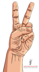 Victory hand sign, detailed vector illustration.