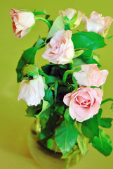 rose bouqet in vase on green background