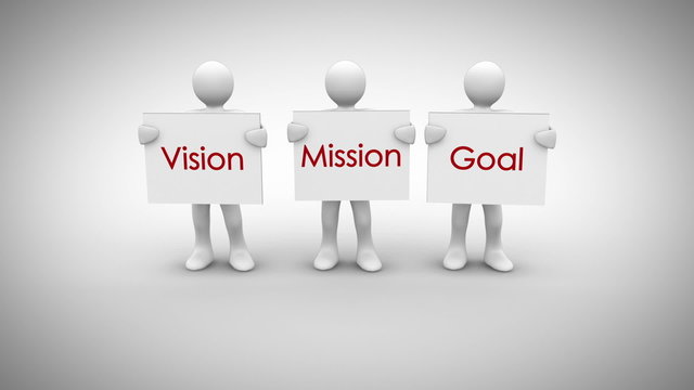 White characters showing signs saying vision mission goal