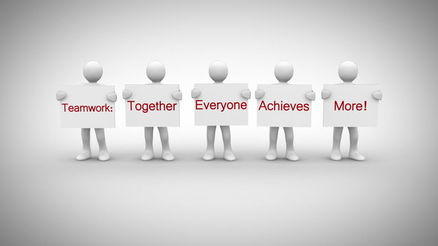 White characters showing signs saying together everyone achieves