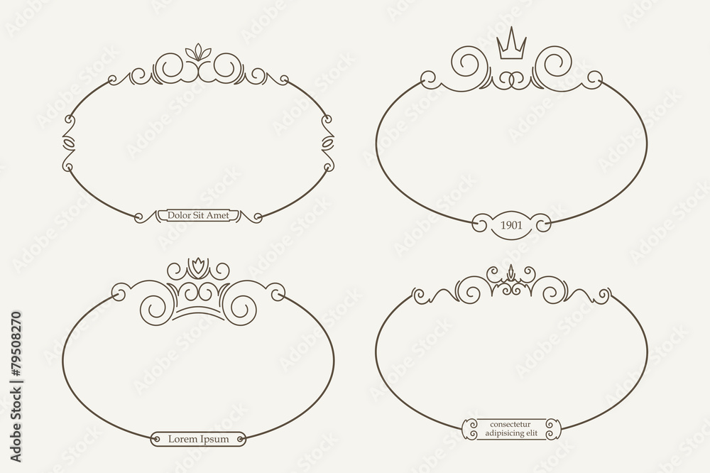 Poster set of 4 decorative calligraphic oval frames with spaces for tex