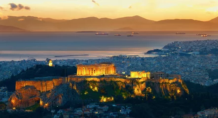Zelfklevend Fotobehang Panorama van Athene, Griekenland. Na zonsondergang. Parthenon en Herodium © SJ Travel Footage