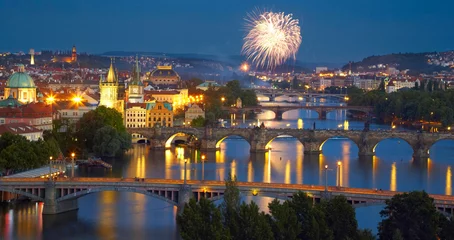 Zelfklevend Fotobehang Panorama of Prague after sunset with fireworks © SJ Travel Footage