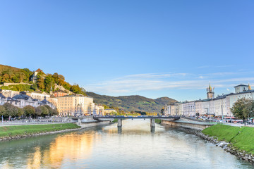 Fototapeta na wymiar City view of Salzburg with its river, Austria