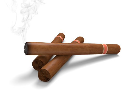 Cigars on a white background, with one emitting smoke