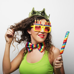 lovely woman with crown and funny sunglasses